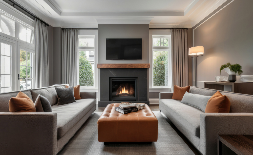 Large living room with black fireplace surround and wood look mantel shelf.