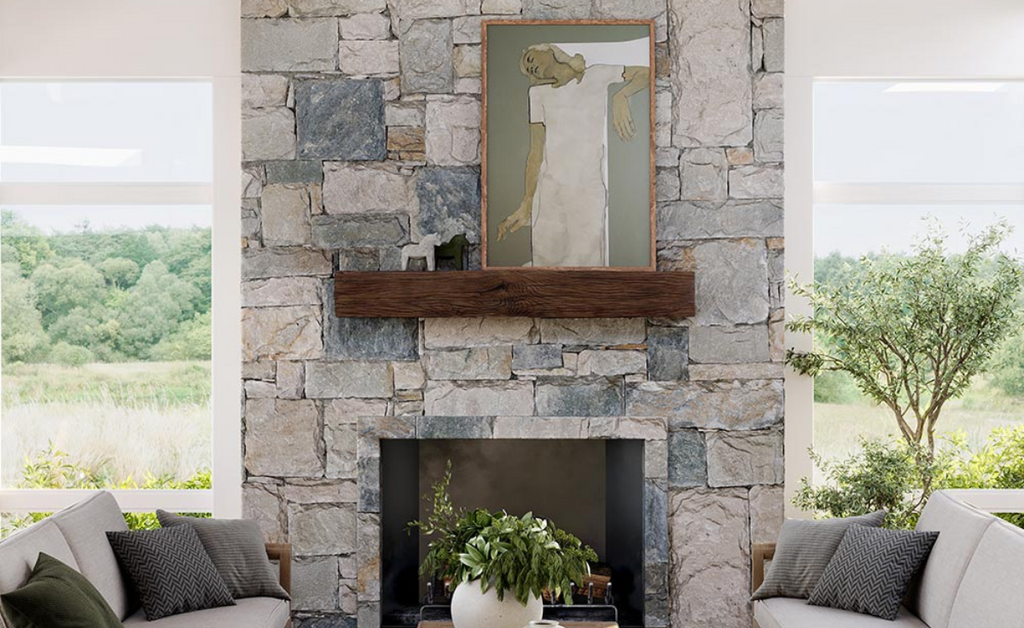Large sun room with stone fireplace and wood look mantel shelf.