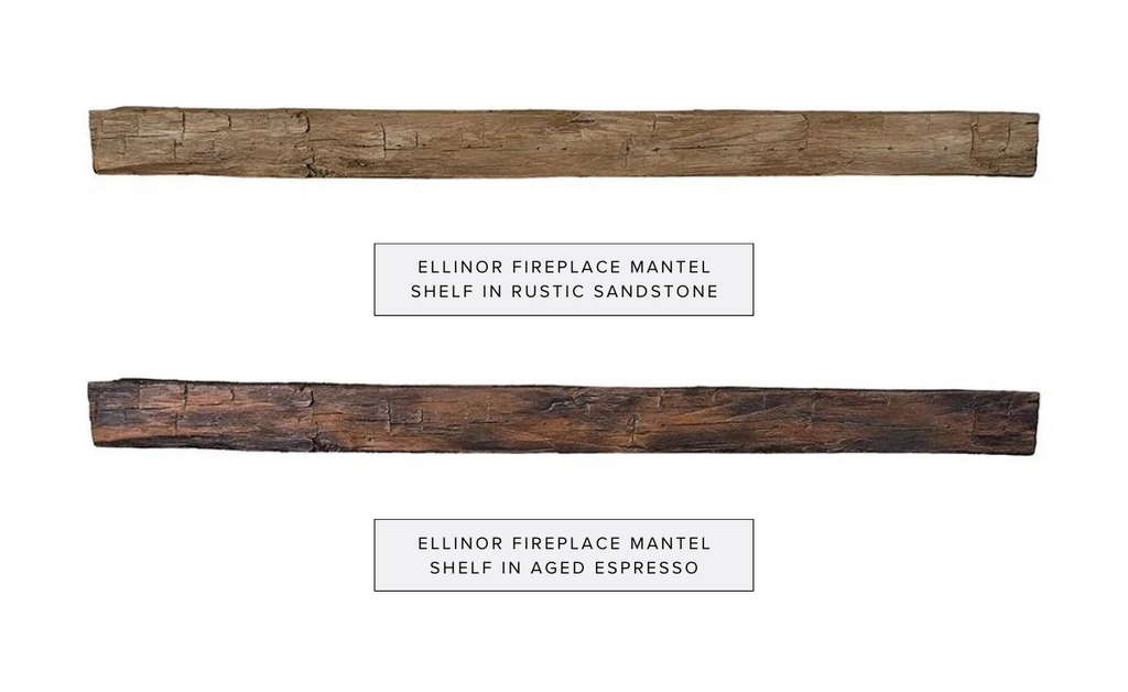Two wood look mantel shelves labeled with their colors.