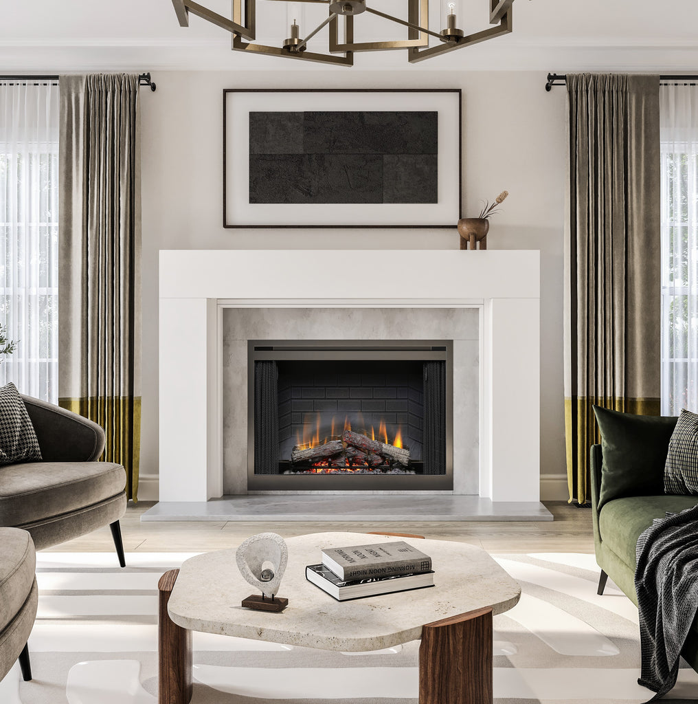 Fireplace with gray surround and white mantel in a large living room.