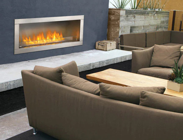 Linear gas fireplace in an outdoor space. 