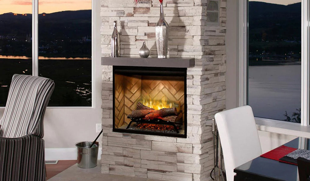 A narrow stone fireplace at the corner of the room