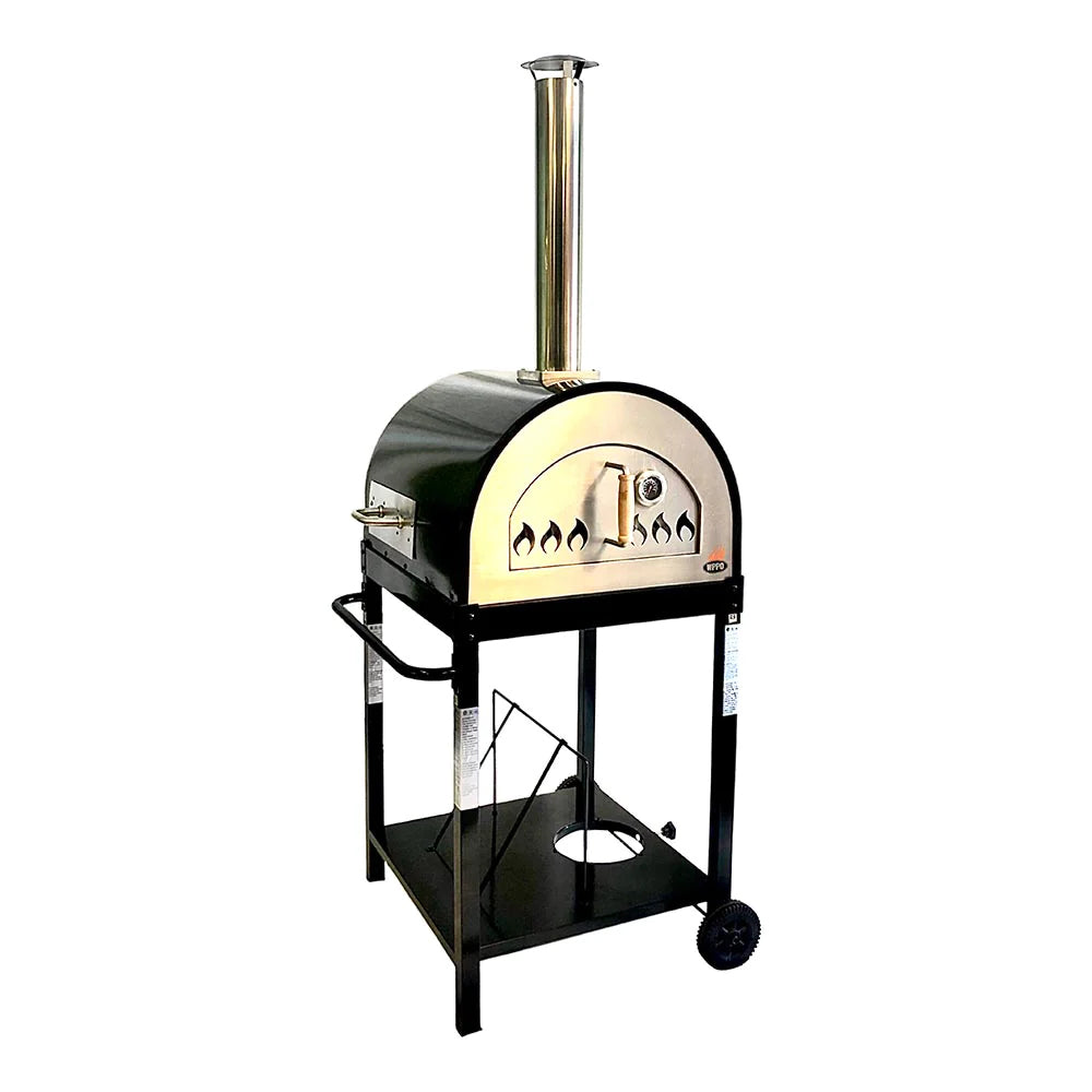 Close up of a small metal pizza oven with wheels.