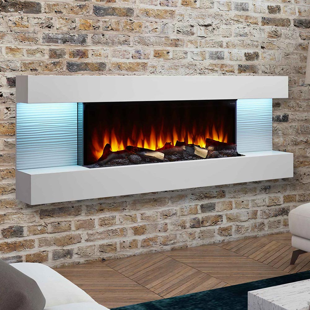 Linear fireplace hung on a brick wall.