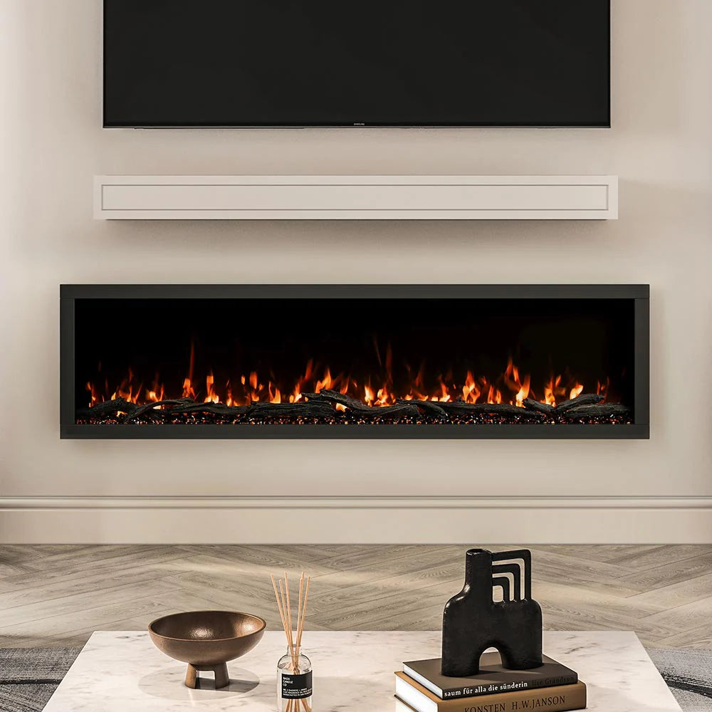 Highmark linear fireplace with narrower mantel in white wood with television overhead.