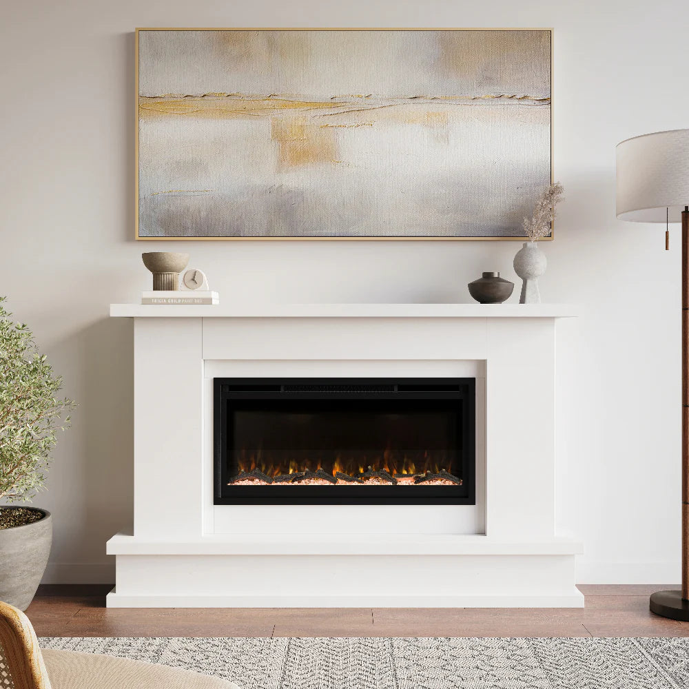 Patton fireplace with large white wood mantel surround and painting overhead.