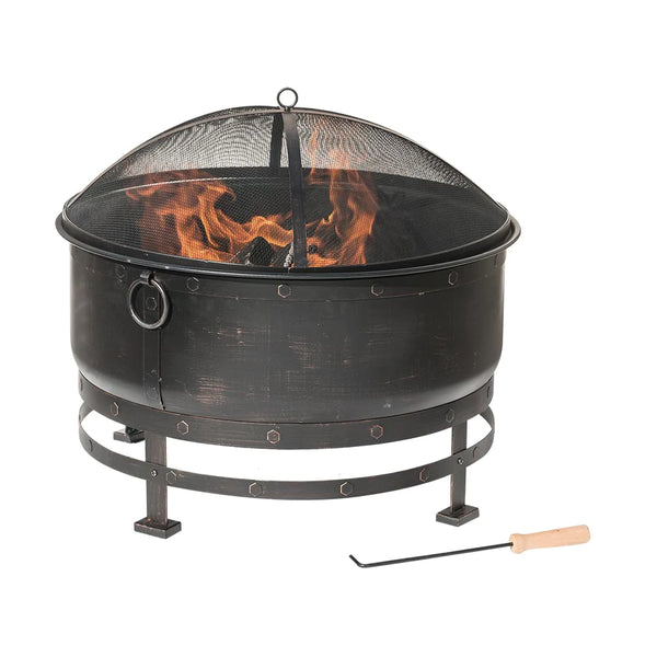 A wood-burning fire pit and fire poker.