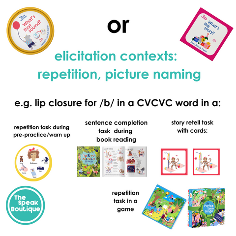 Image of Party Animals line of products illustrating where constant and variable practice can be applied. What's that Sound Speech Sound Cards What's the Story Story Telling Cards Party Animals Book Party Time Bingo Game