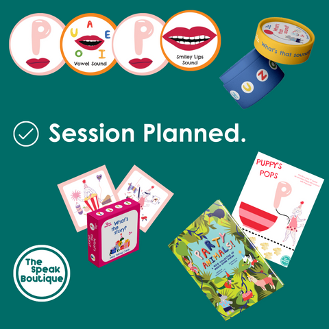 The Speak Boutique, Speech Language Pathology Product Line, Resources for Parents and Professionals, Party Animals, What's that Sound? Speech Sound Cards, What's the Story? Storytelling Cards