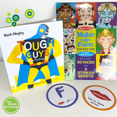 cards from What's that Sound? Speech Sound Cards accompanied by Tough Guys book and Melissa and Doug stickers