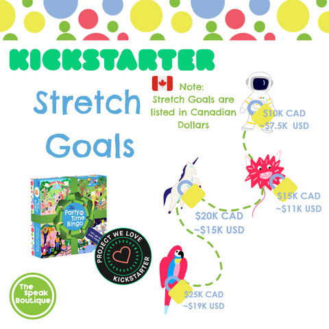 Stretch Goals Image with icons of astronaut, monster balloon, unicorn and parrot