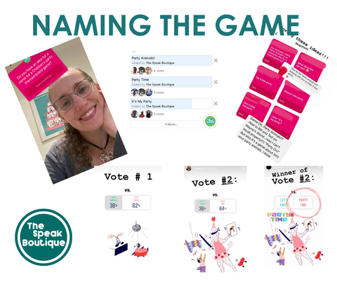 Image of a woman smiling and surveys asking for ideas and votes to name an animal themed children's boardgame. 