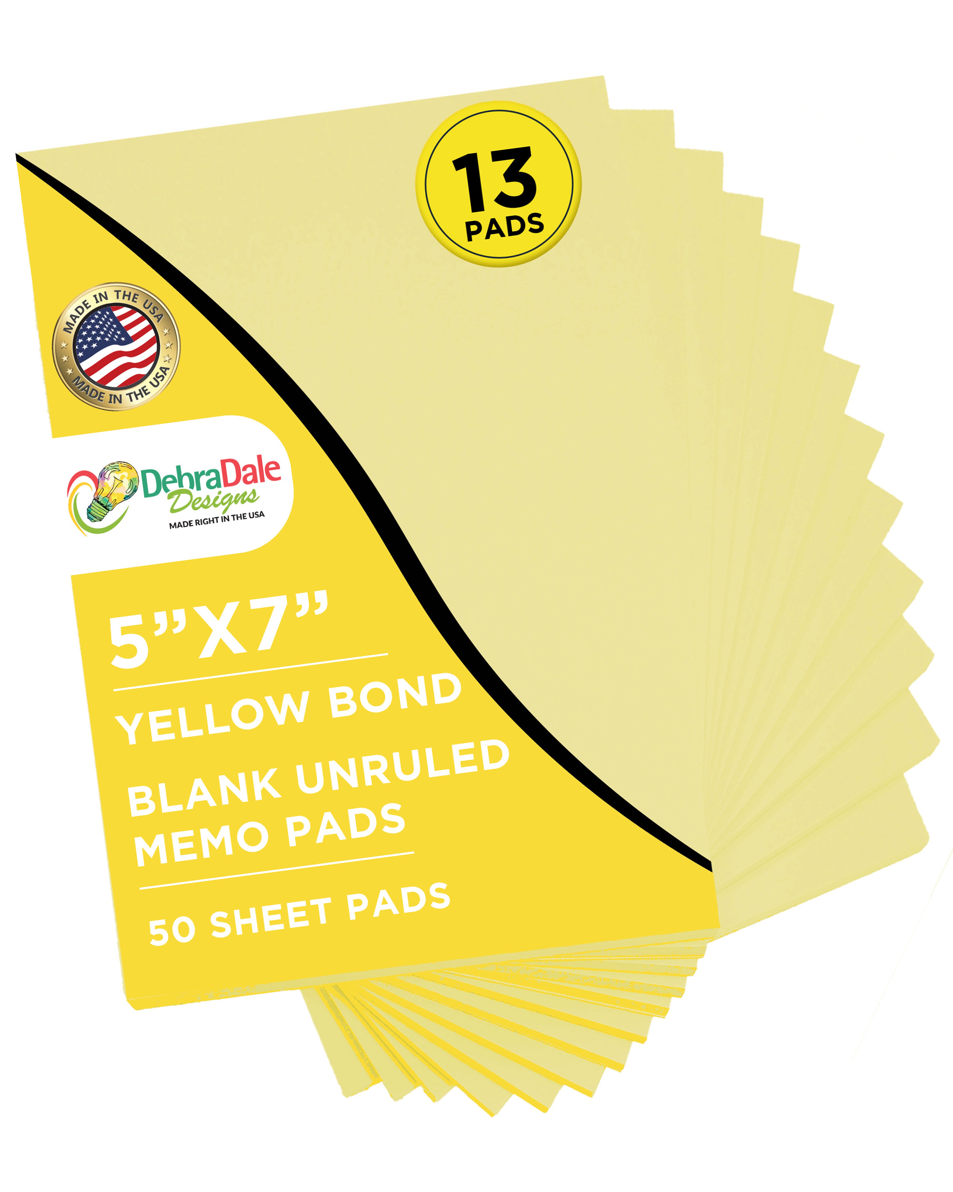 Debra Dale Designs 5" x 7" Blank Notepads – 50 Sheets per Pad - 13 Pads – Yellow – 20# Bond Paper – Chipboard Backer – Made in USA