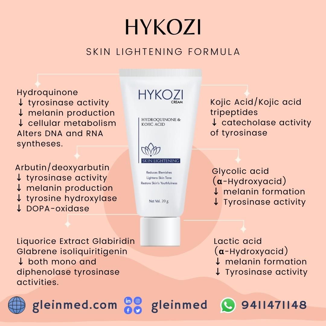 Hykozi Skin Lightening Skin Brightening Cream with Hydroquinone Kojic Acid Alpha Arbutin Glycolic Acic Lactic Acid and Licorice extract Glein Pharma