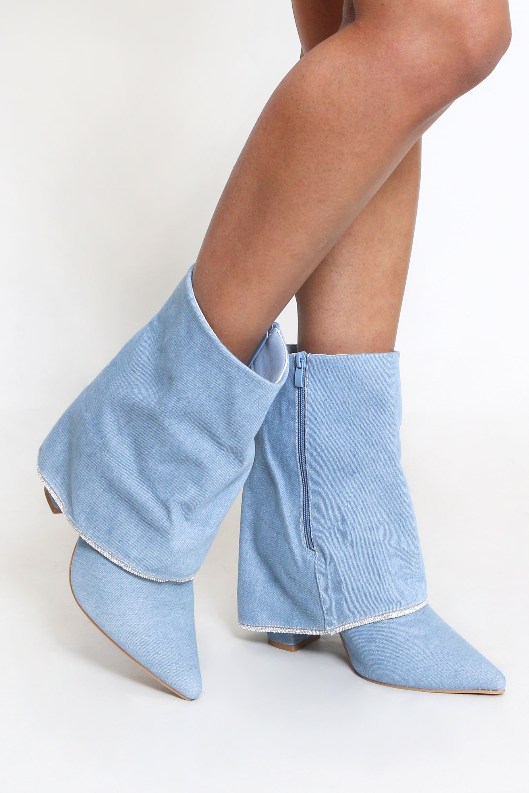 Denim Diamante Trim Folded Heeled Ankle Boots | Dressed in Lucy