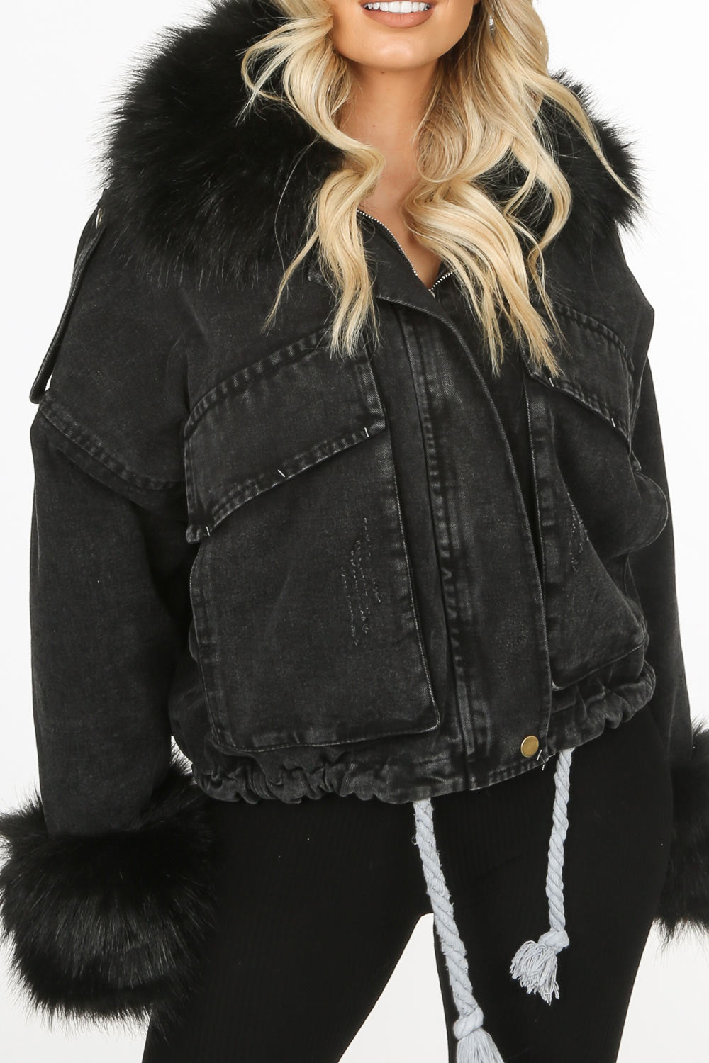 Black Faux Fur Oversized Demin Jacket 