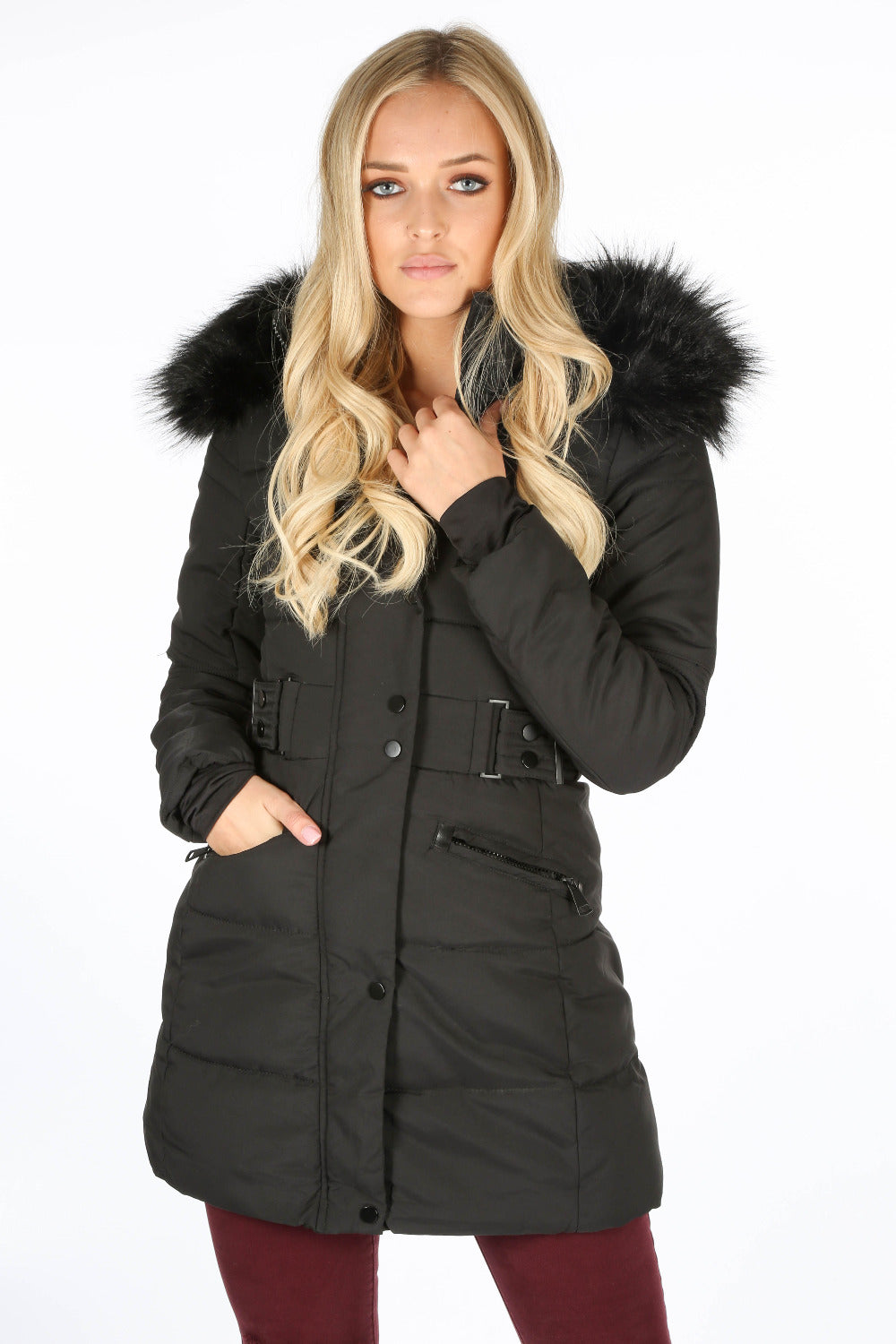 Black Long Puffer Coat With Matching Faux Fur | Dressed in Lucy