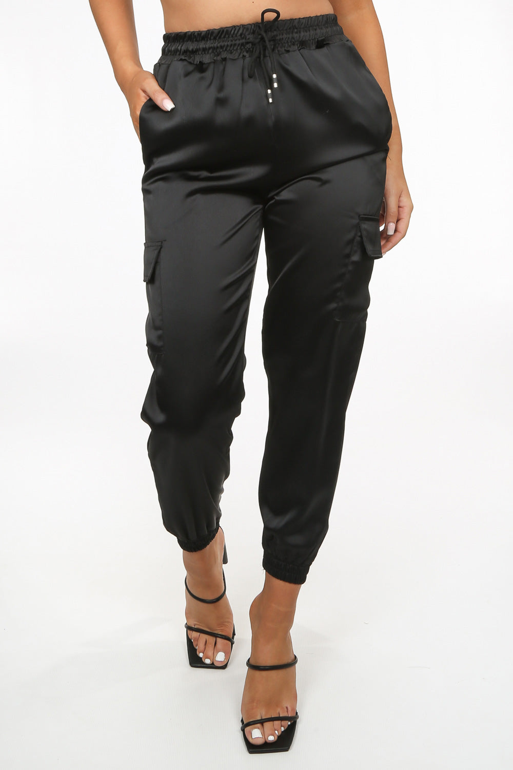 Black Satin Cargo Joggers | Dressed in Lucy