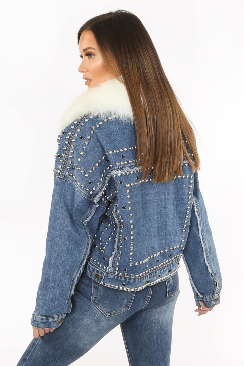 Studded White Faux Fur Oversized Denim Jacket – Dressed in Lucy