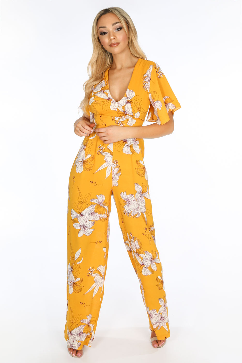 yellow flowery jumpsuit