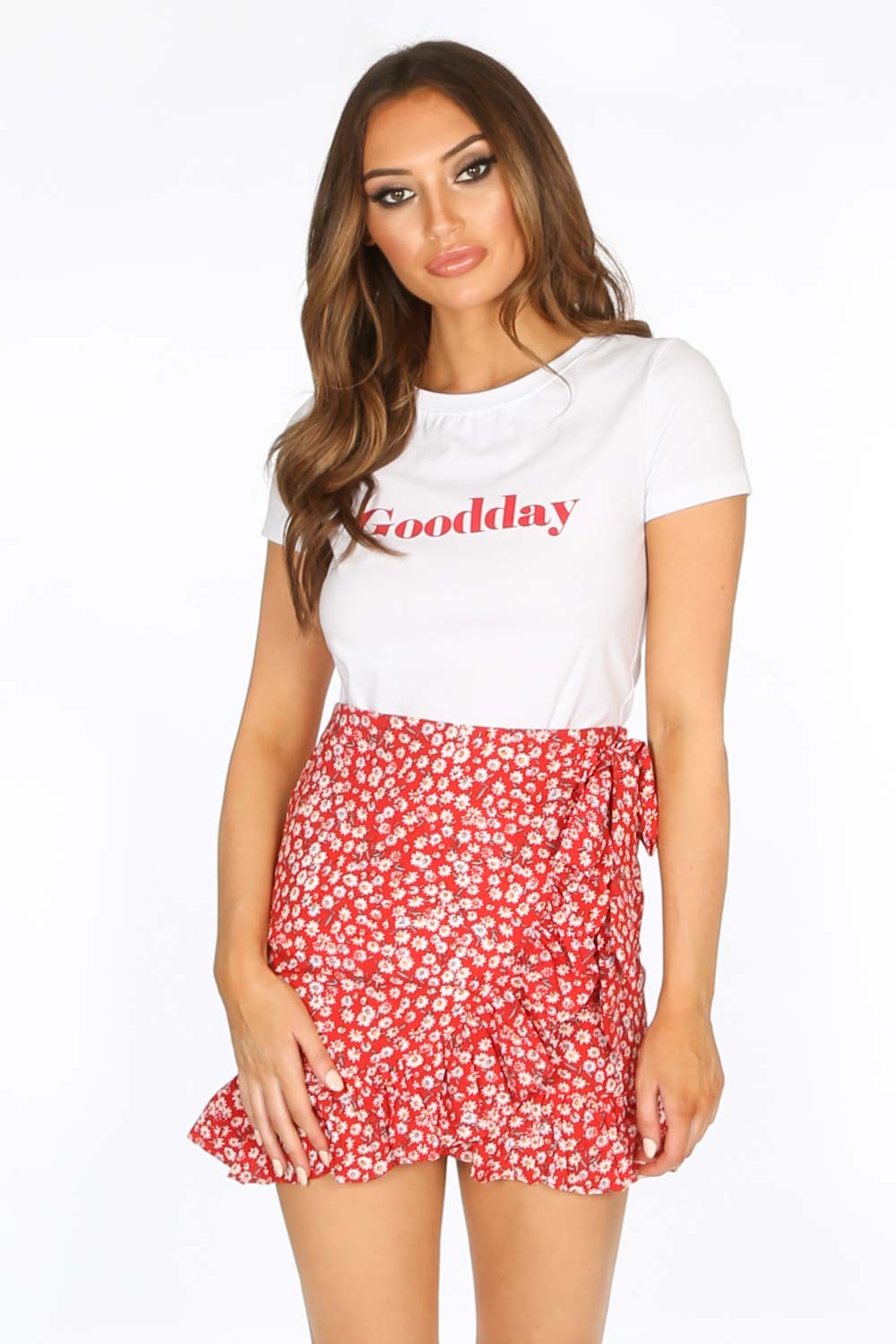 red and white floral skirt