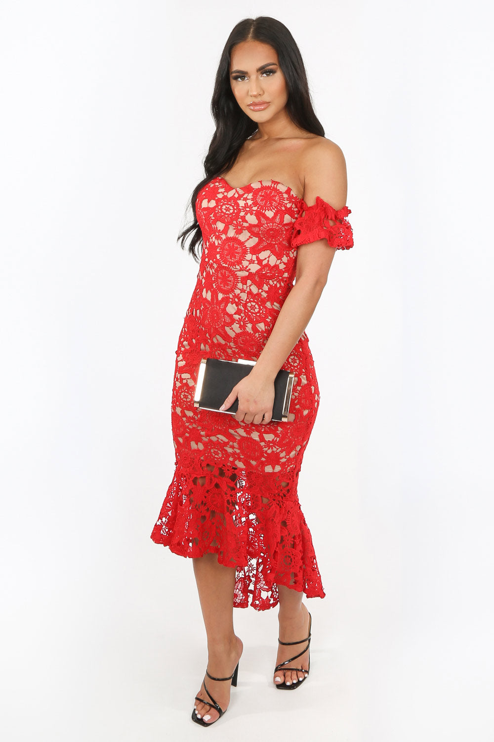 Red Crochet Bardot Fish Tail Midi Dress | Dressed in Lucy