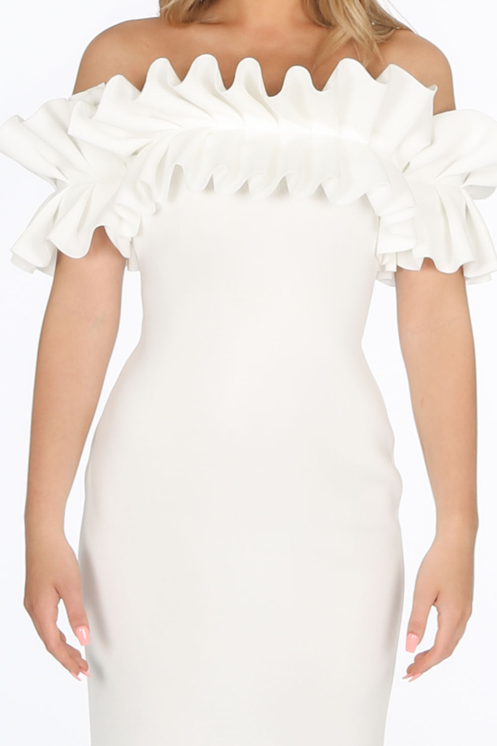 white ruffle bardot dress