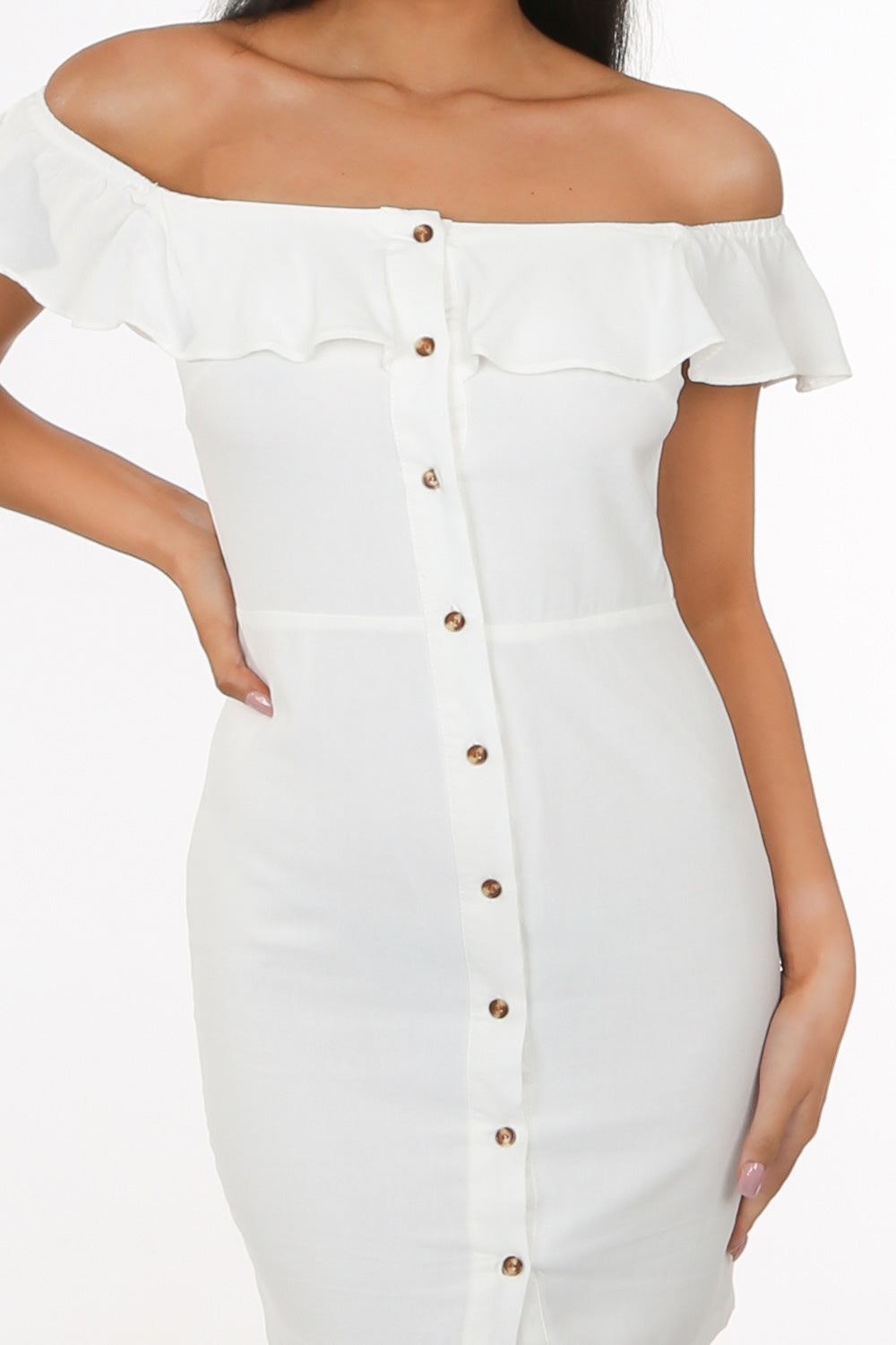 white frill bardot dress