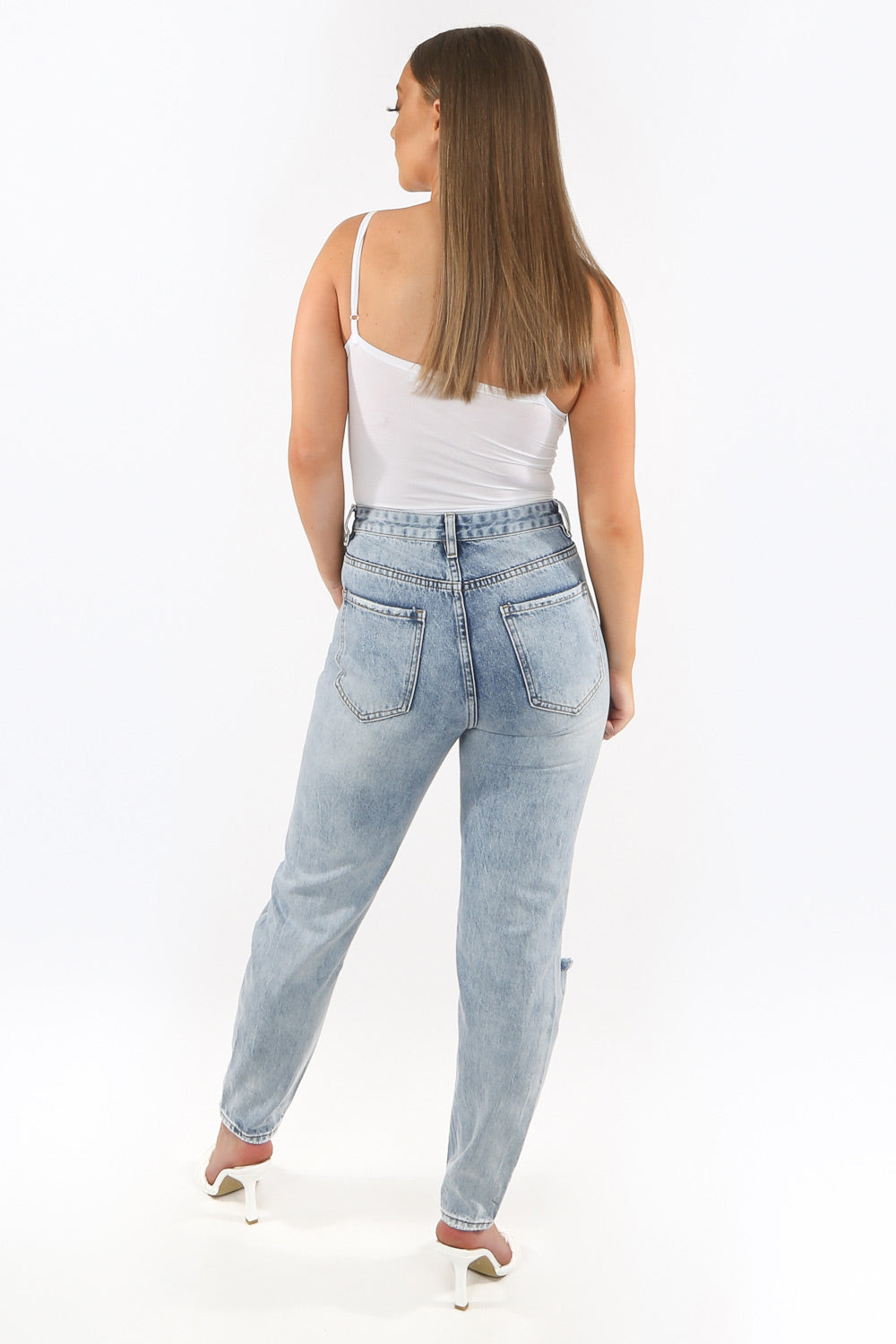 high waisted distressed mom jeans