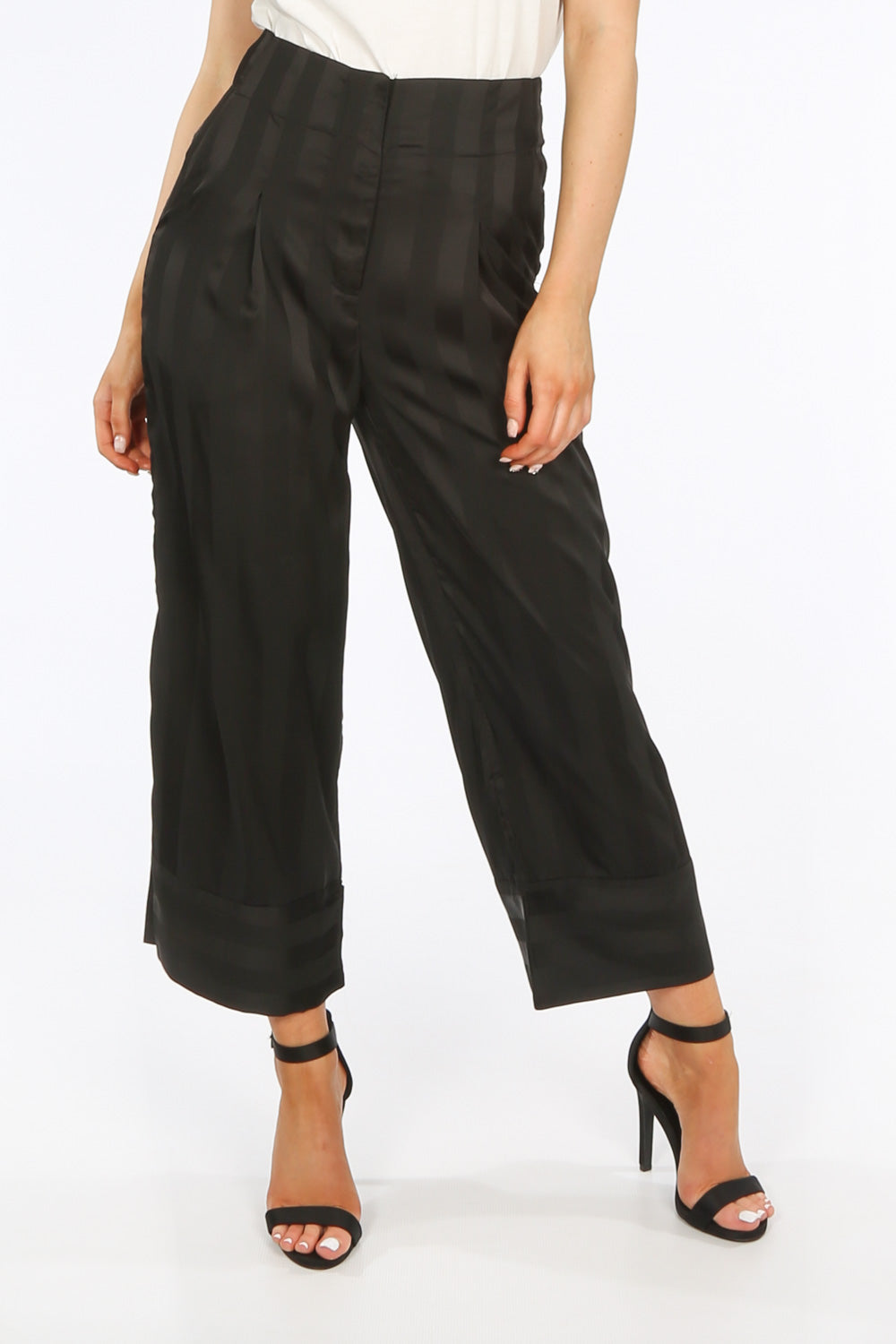 black satin cropped trousers