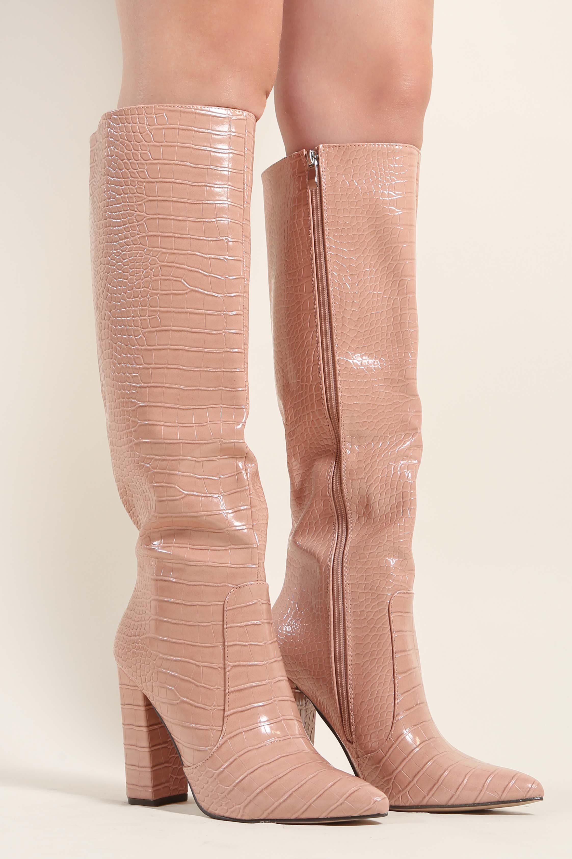 Pink Croc Embossed Knee High Block Heel Boots | Dressed in Lucy