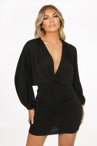 Black Long Sleeve Chiffon Ruched Bodycon Dress