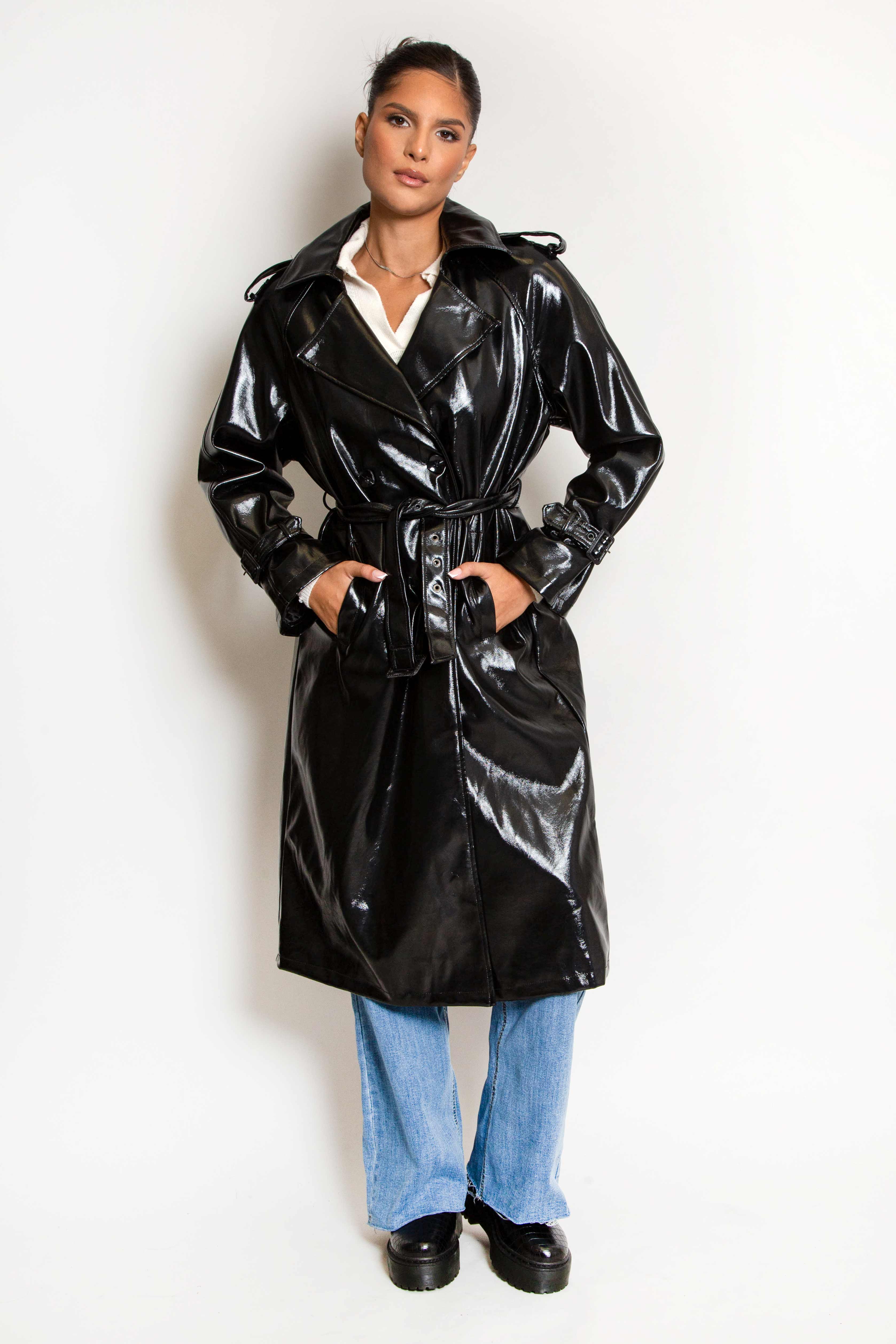 Black Faux Leather Long-line Vinyl Coat | Dressed in Lucy