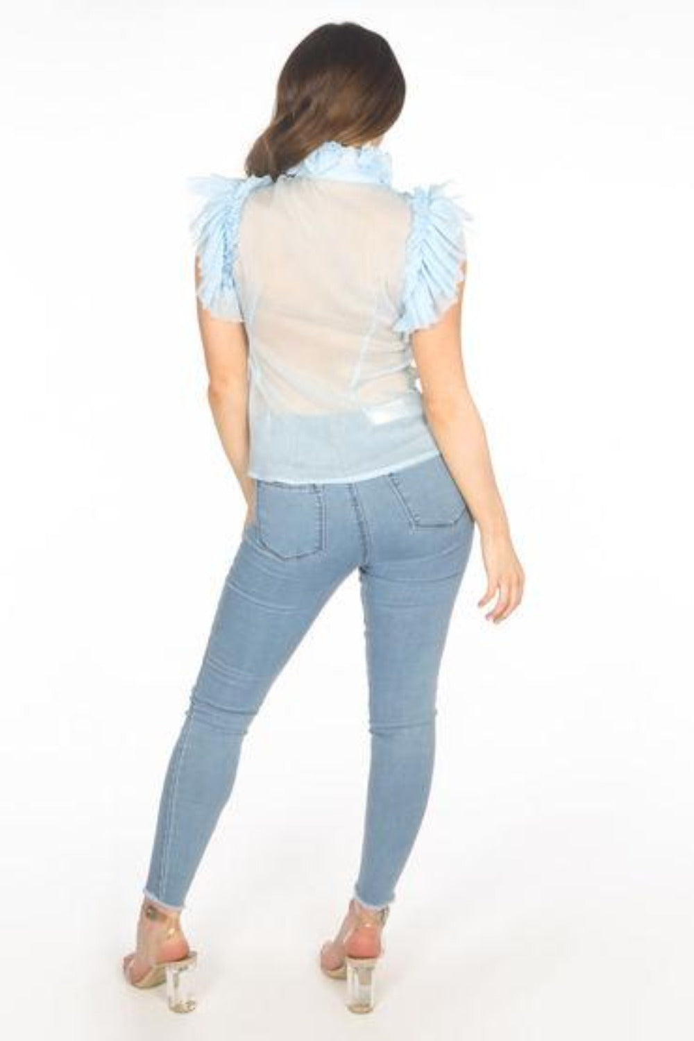 Ice Blue Sleeveless Frilled Sheer Pussy Bow Blouse Dressed In Lucy 