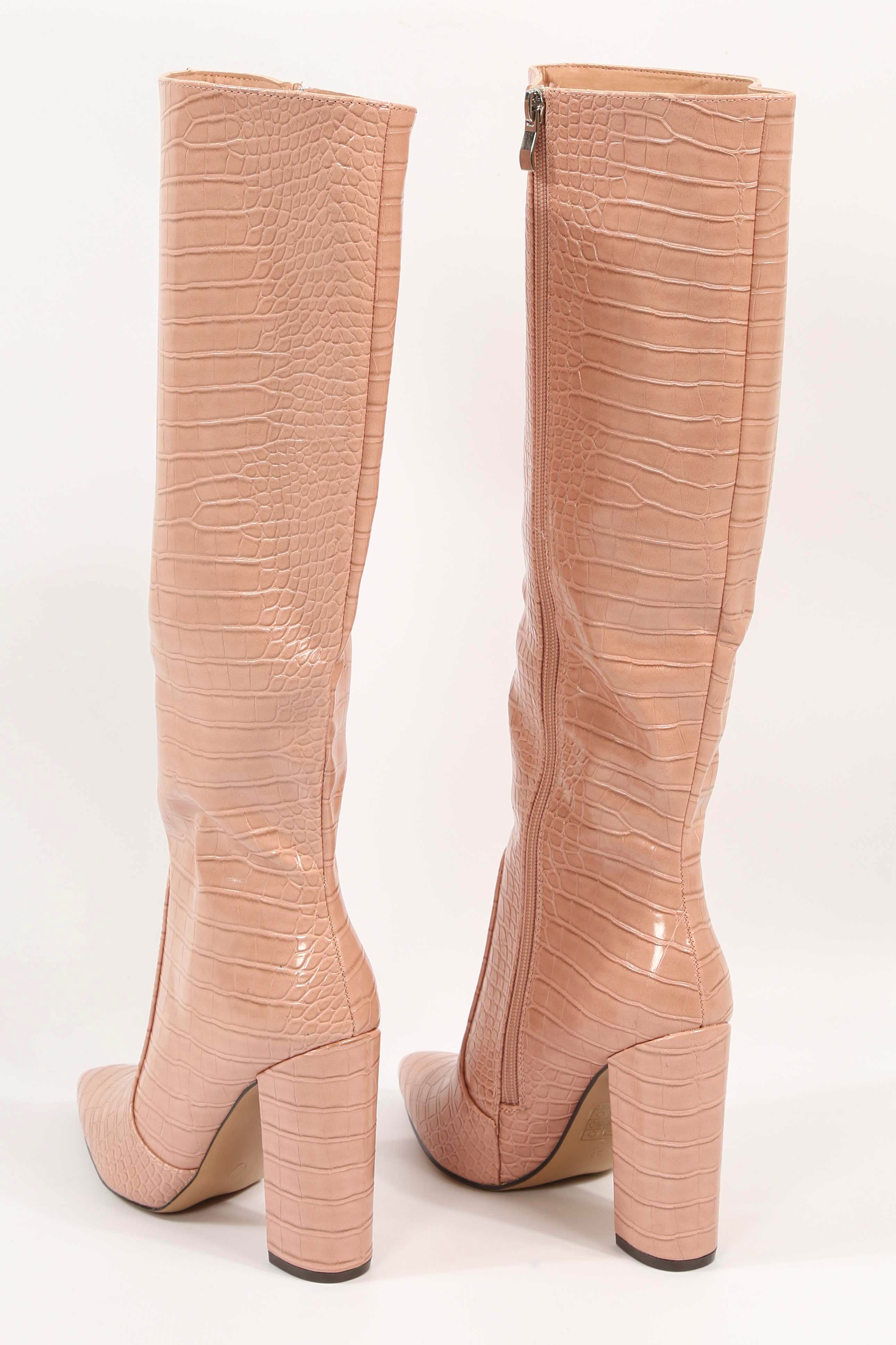 Pink Croc Embossed Knee High Block Heel Boots | Dressed in Lucy