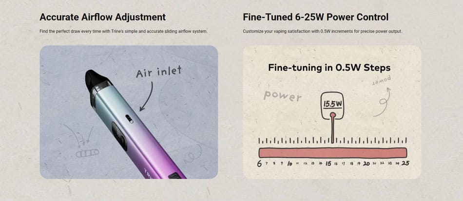 Split banner with close up image of the adjustable airflow slider on the left and a adjusting scale on the right to highlight fine-tuned power control between 6 watts and 25 watts.