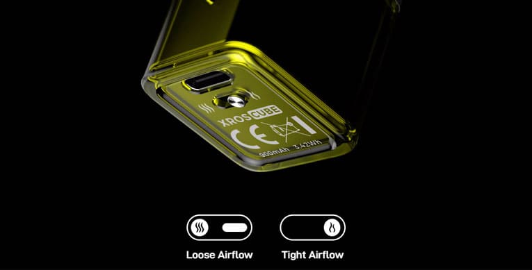 Close up image of the bottom of device showing airflow slider to select between a loose or tight airflow.