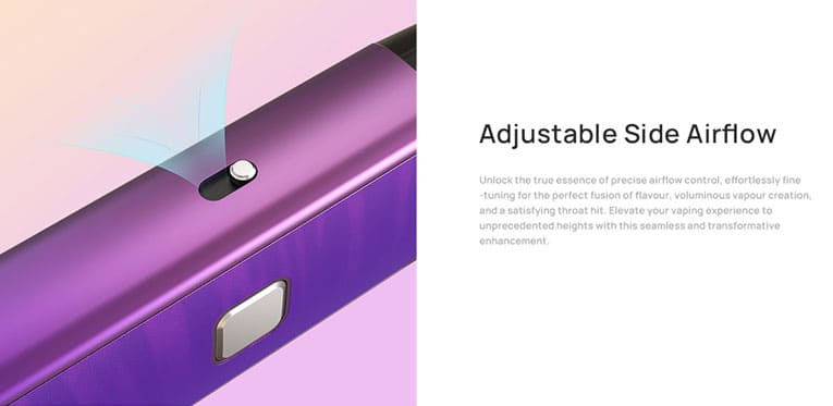 Close up of the adjustable airflow slider on the side of a purple Flexus Pro vape kit with illustrated lines to highlight airflow available.