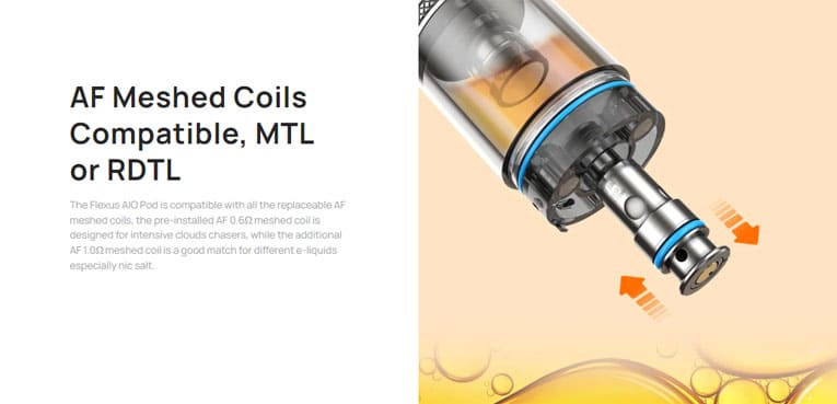 Banner showing AF coil being inserted into Flexus pod. Text states "AF meshed coils compatible, MTL or RDTL".