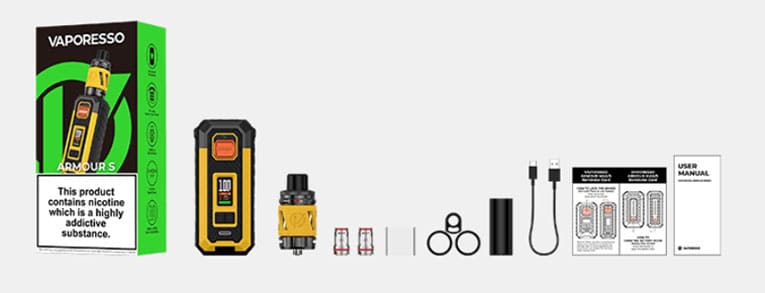 Box contents of Armour S vape kit by Vaporesso