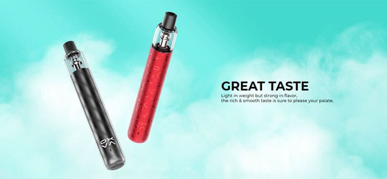 Banner to highlight flavour of Artio pod kit. Two devices floating with text saying: "great taste, light in weight but strong in flavour".