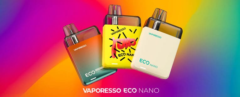 Banner showing three Eco Nano pod kits with title of kit centered in the middle.