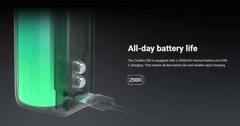 The Coolfire Z60 is equipped wtih an internal 2500mAh battery and USB Type-C charging.