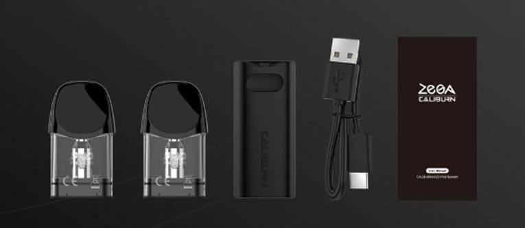 Box contents of Caliburn AZ3 pod kit, with pods, device, Type-C cable and user manual.