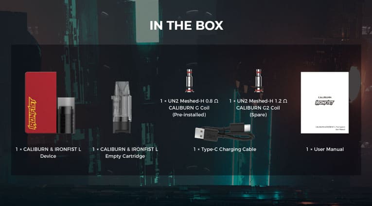 All components of Iron Fist L Vape Kit that are packed in the box purchased, in a flat lay photo design.