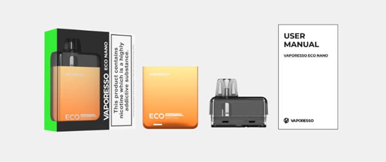 Box contents of Vaporesso Eco Nano. With device, pod, user manual and eco packaging.