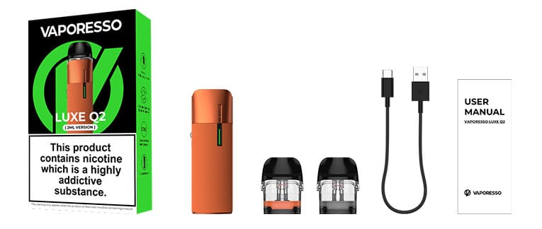 Box contents of the Vaporesso Luxe Q2 including outer packaging, device, Luxe Q pods, charge cable and user manual.
