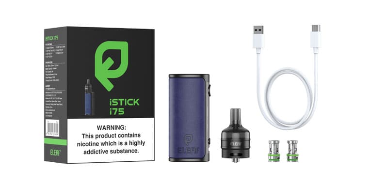 Flat lay image of iStick i75 vape kit with contents that come provided in the box. Includes outer packaging, device, pod, EP coils and USB type-C charging cable.