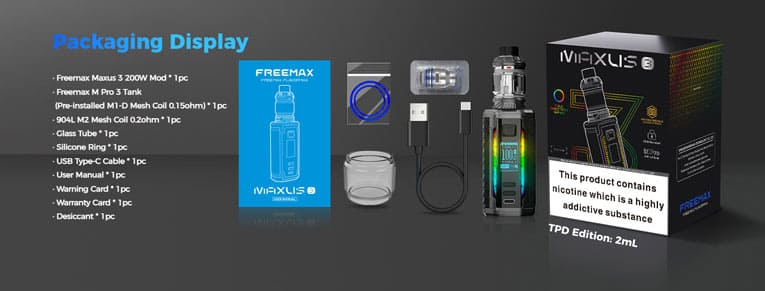 Box contents of Freemax Maxus 3 vape kit.