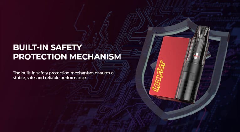Coral red device in a safety shield design. Text aligned left with title "built-in- safety protection mechanism" with smaller text outlining the built in safety for a reliable and safe performance.